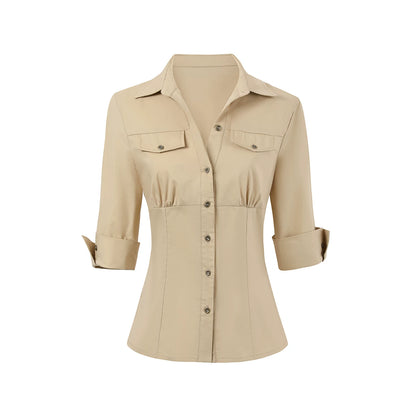 Waist-Cinched Mid-Sleeve Fitted Pocket Shirt