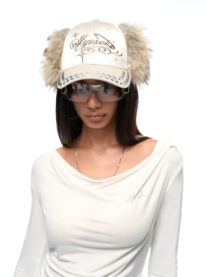 Rhinestone Ear-Flap Furry Baseball Cap