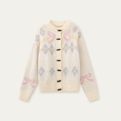 Bow-Knot Fair Isle Toggle Knit Cardigan