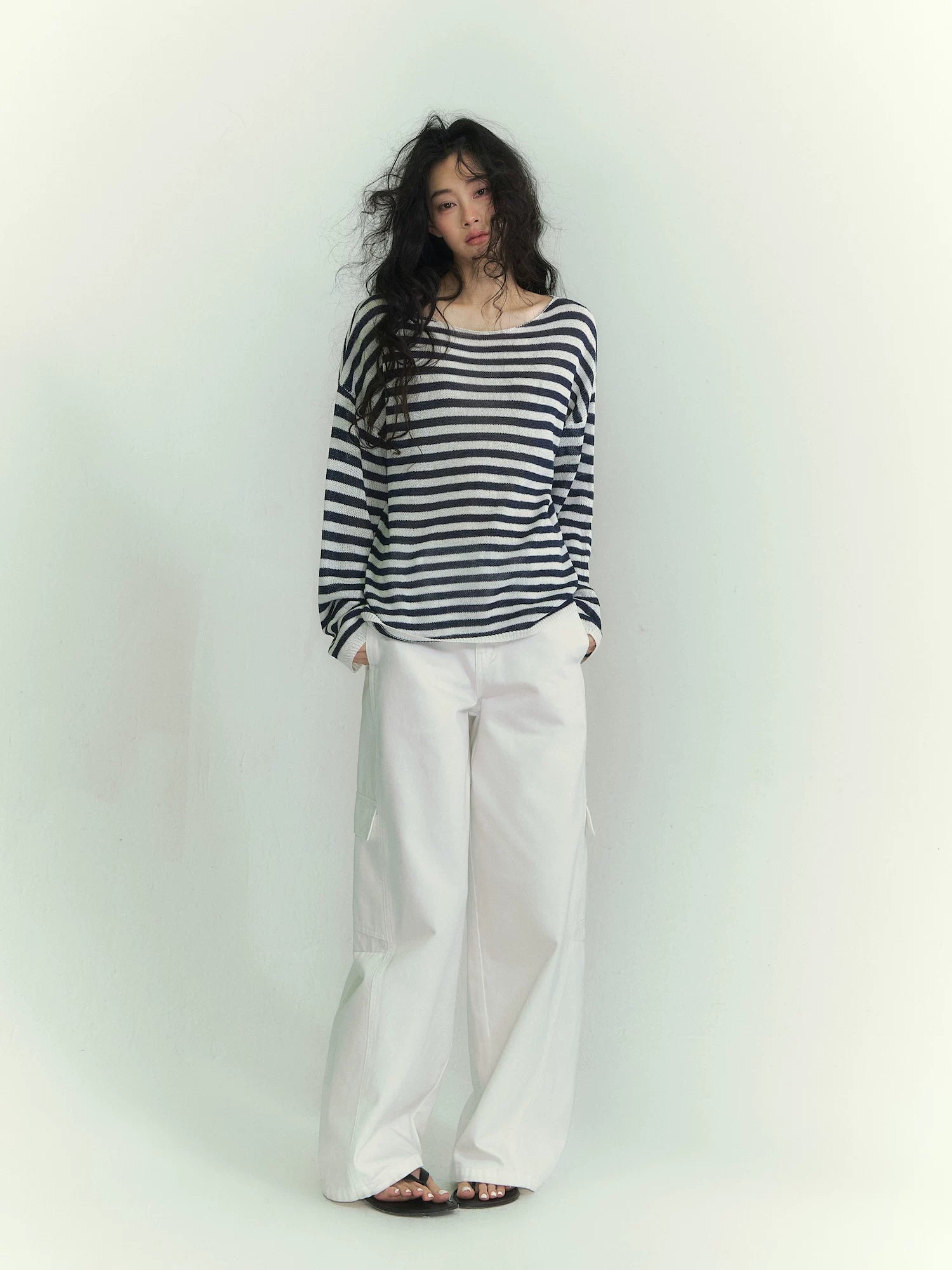 Washi Yarn Striped Off-Shoulder Long Sleeve Knit Top