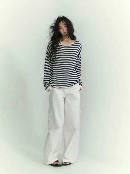 Washi Yarn Striped Off-Shoulder Long Sleeve Knit Top