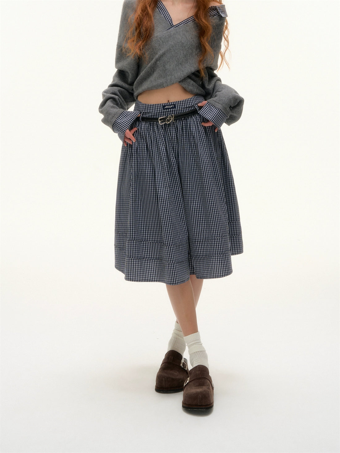 Plaid Pleated Mid-Length Skirt
