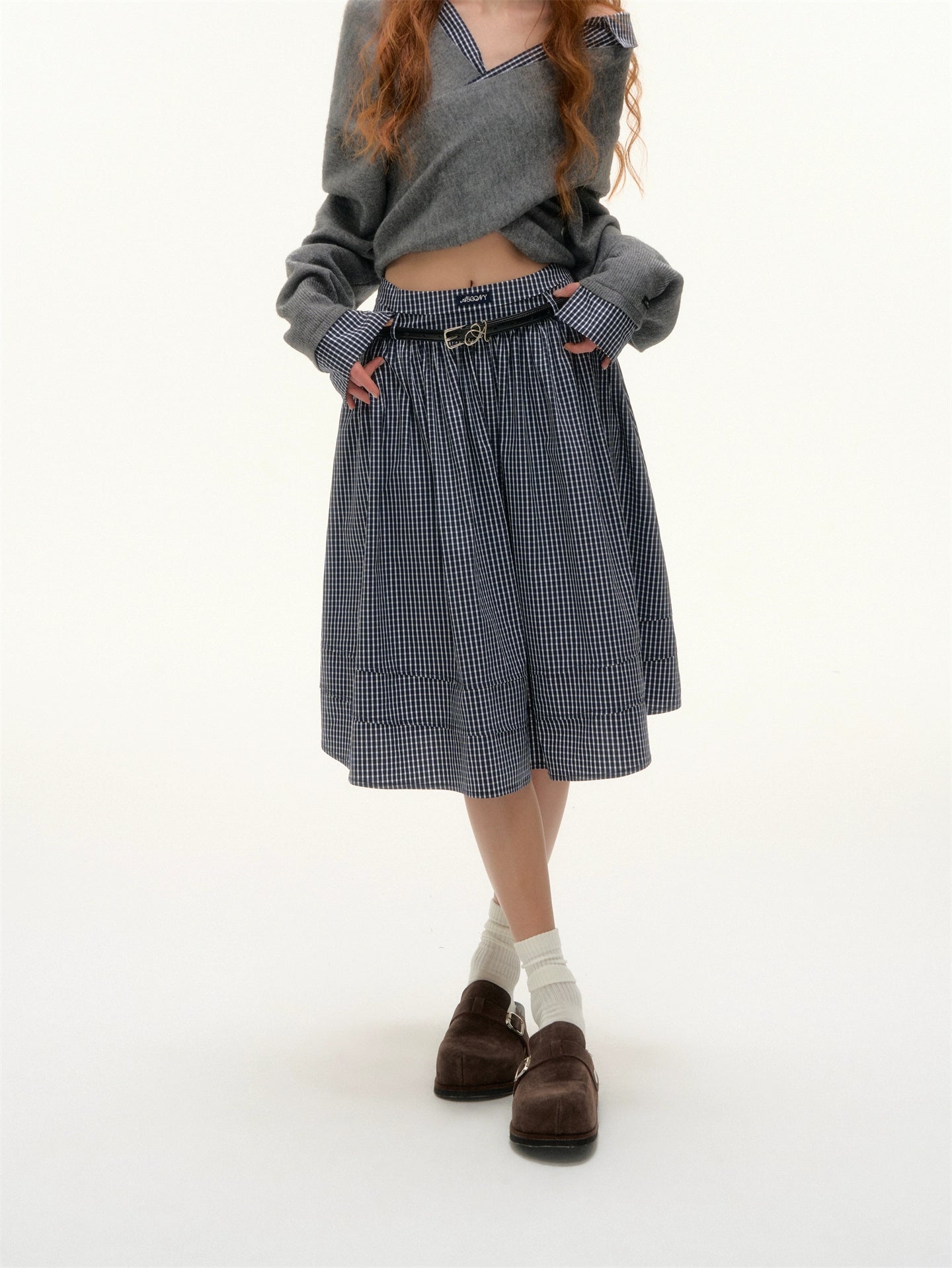 Plaid Pleated Mid-Length Skirt