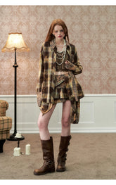 Washed Distressed Plaid Shirt & Skirt Set - CHINASQUAD