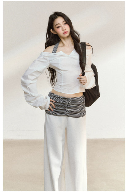 White V-Neck Off-Shoulder Cropped Blouse
