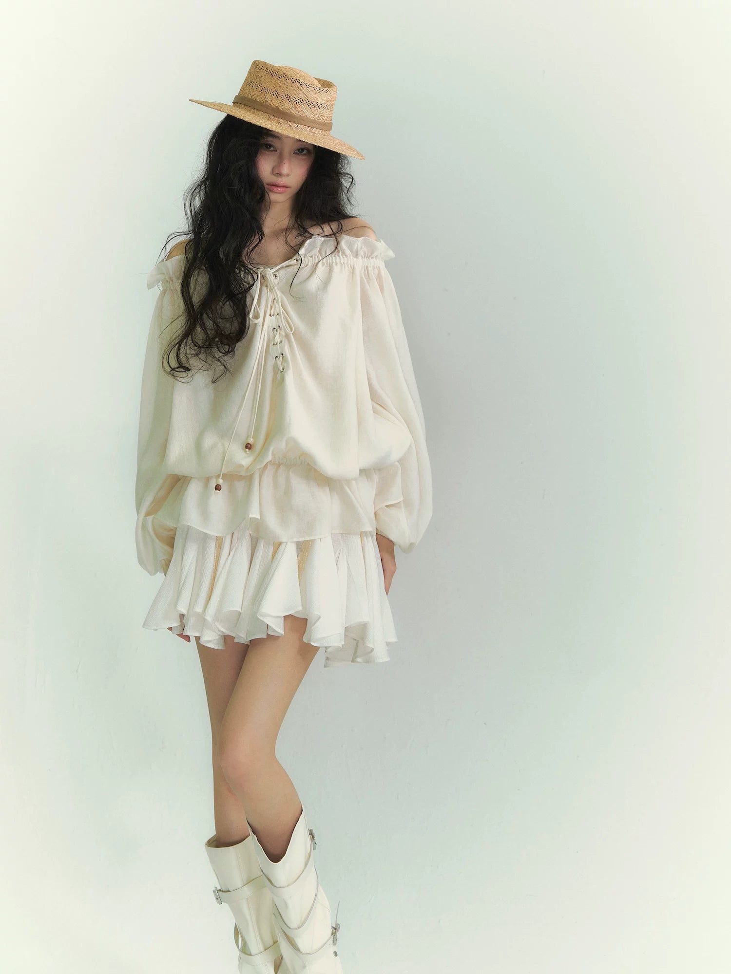 Off-Shoulder Lace-Up Lantern Sleeve Blouse