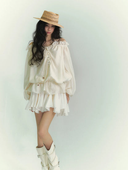 Off-Shoulder Lace-Up Lantern Sleeve Blouse