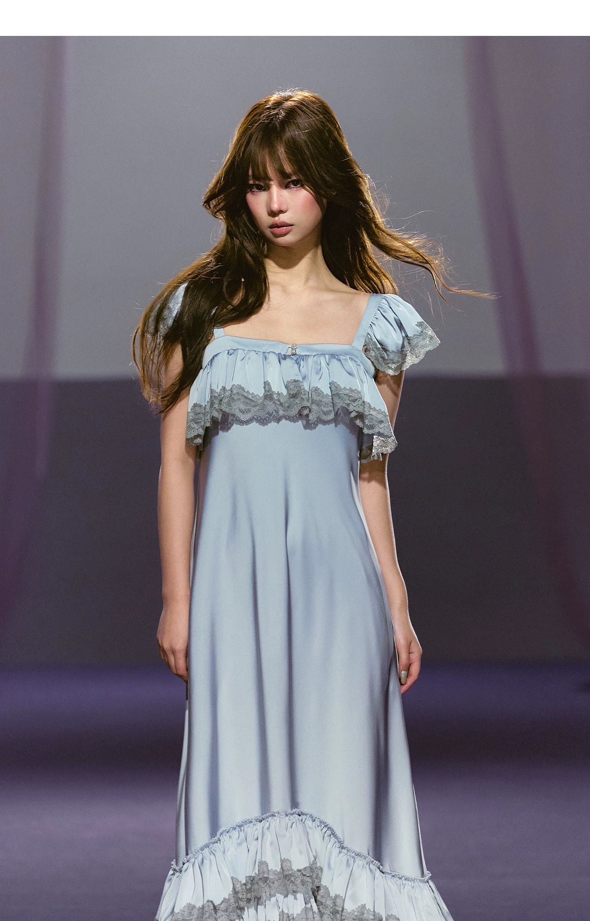 French Lace-Spliced Satin A-Line Maxi Dress