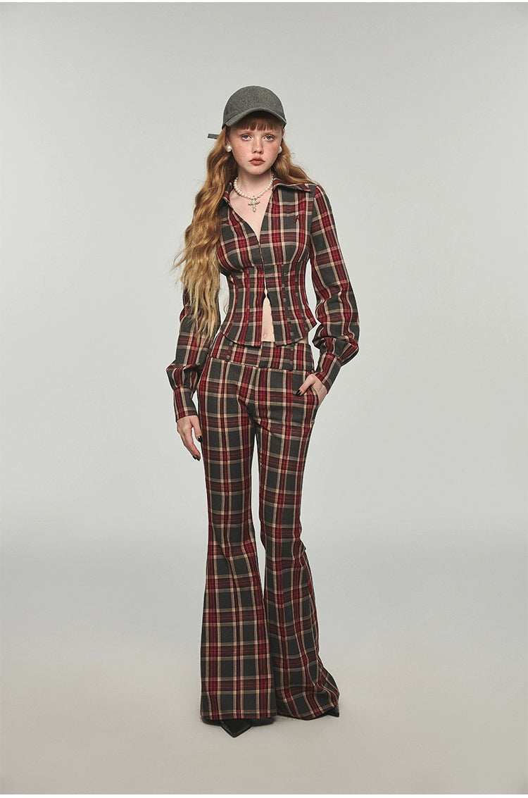 Plaid &amp; Leopard Slim-Fit Flared Pants - CHINASQUAD