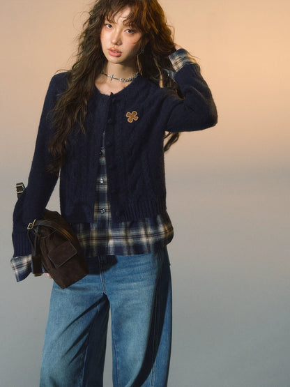 Layered Plaid Patchwork Cable Knit Cardigan
