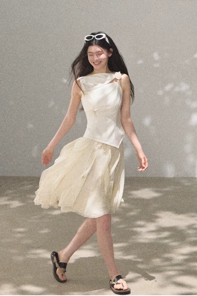 Asymmetric Ruffle Lace-Trim A-Line Midi Skirt