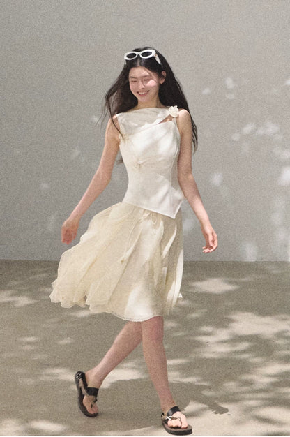 Asymmetric Ruffle Lace-Trim A-Line Midi Skirt