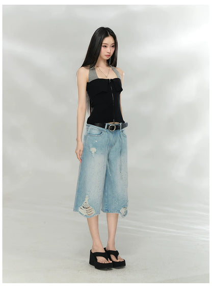 Contrast Halter Zip-Up Knit Tank Top