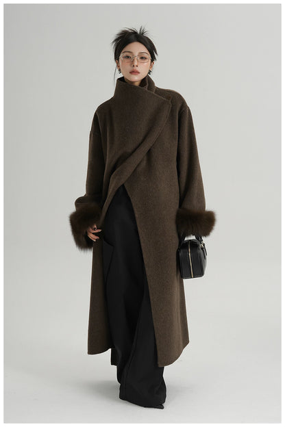 Elegant Fox-Fur Sleeve Long Wool Coat