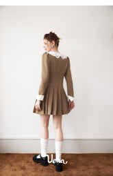 Khaki Doll Collar Pleated Dress - CHINASQUAD