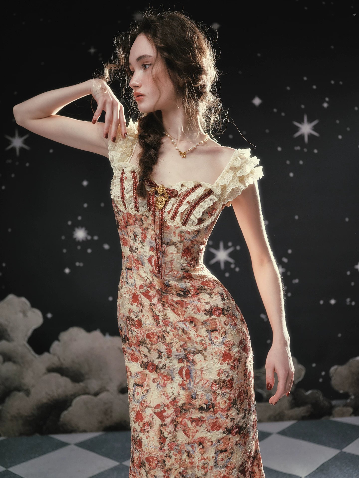 Vintage Lace-Patchwork Floral Mermaid Dress