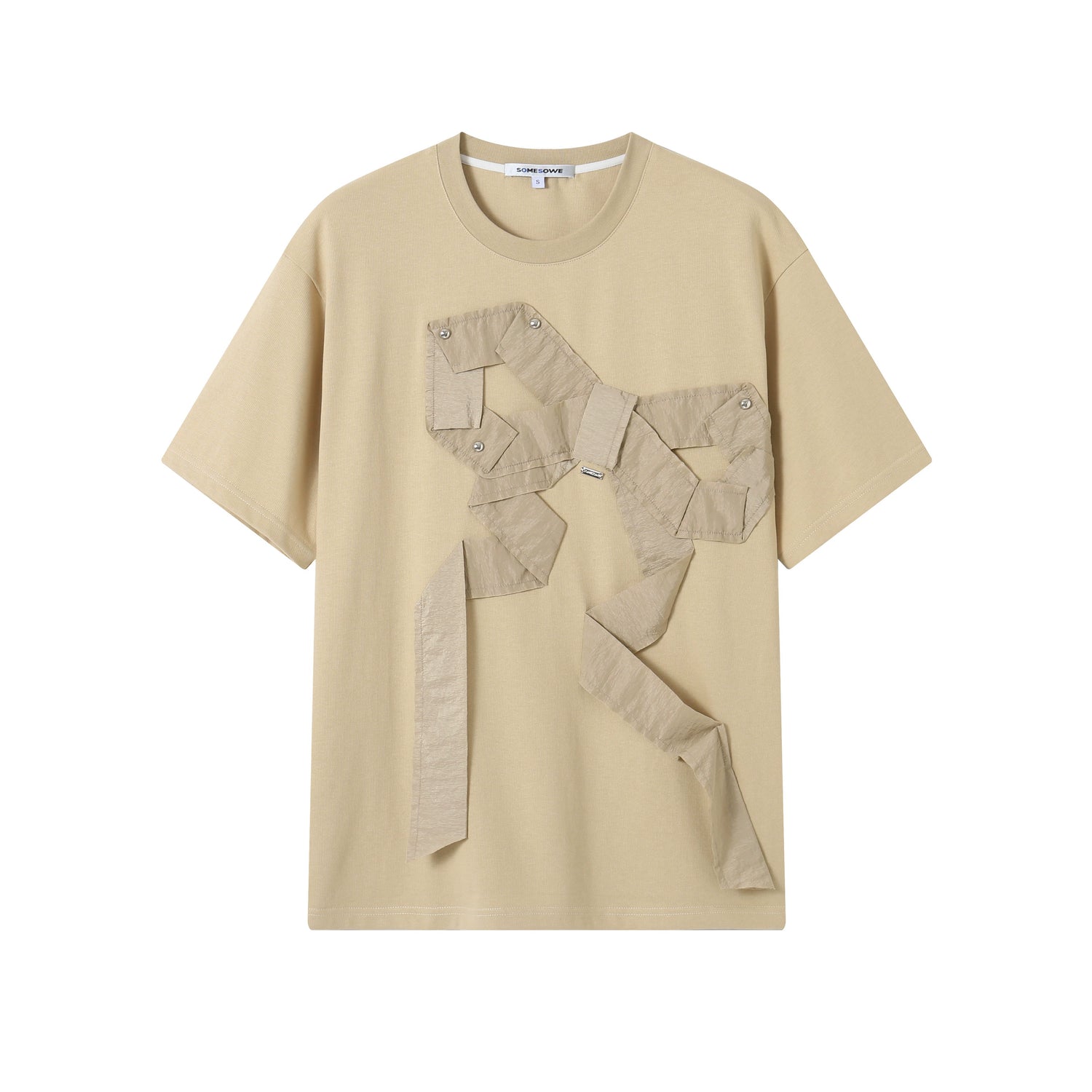 Khaki &amp; Gray Studded Bow Loose Fit T-shirt - CHINASQUAD