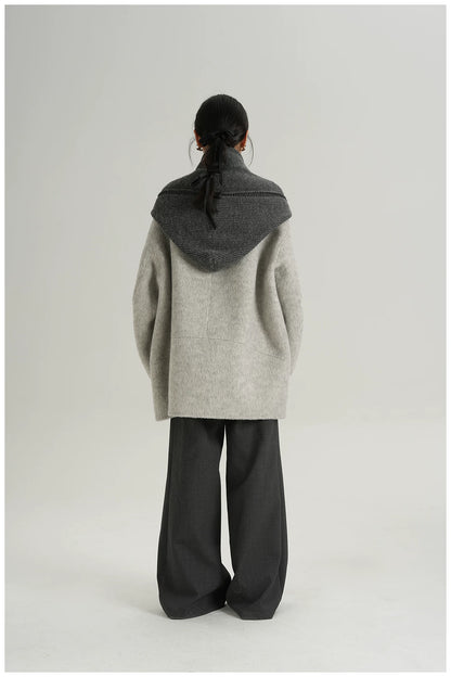 Knitted Hooded Scarf Mid-Length Wool Coat