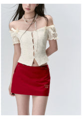 "I LOVE ME" Embroidered Rose Belt A-Line Mini Skirt - CHINASQUAD