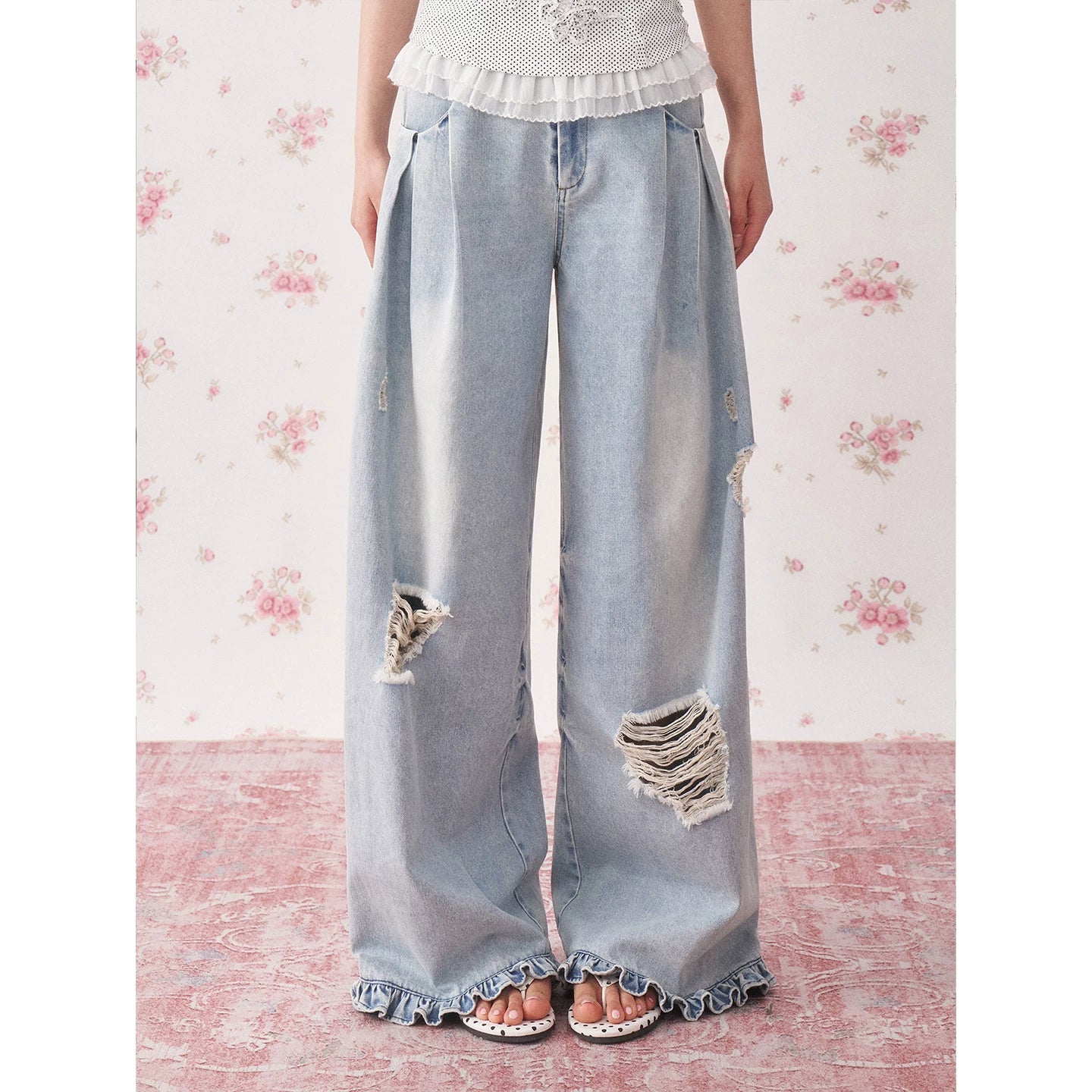 Vintage Distressed Wide-Leg Denim Jeans