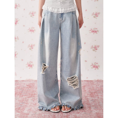 Vintage Distressed Wide-Leg Denim Jeans