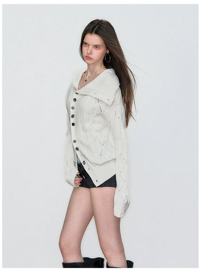 Oversized Collar Asymmetric Knit Sweater Jacket