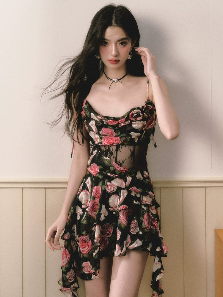 Black &amp; Pink Rose Floral Dress