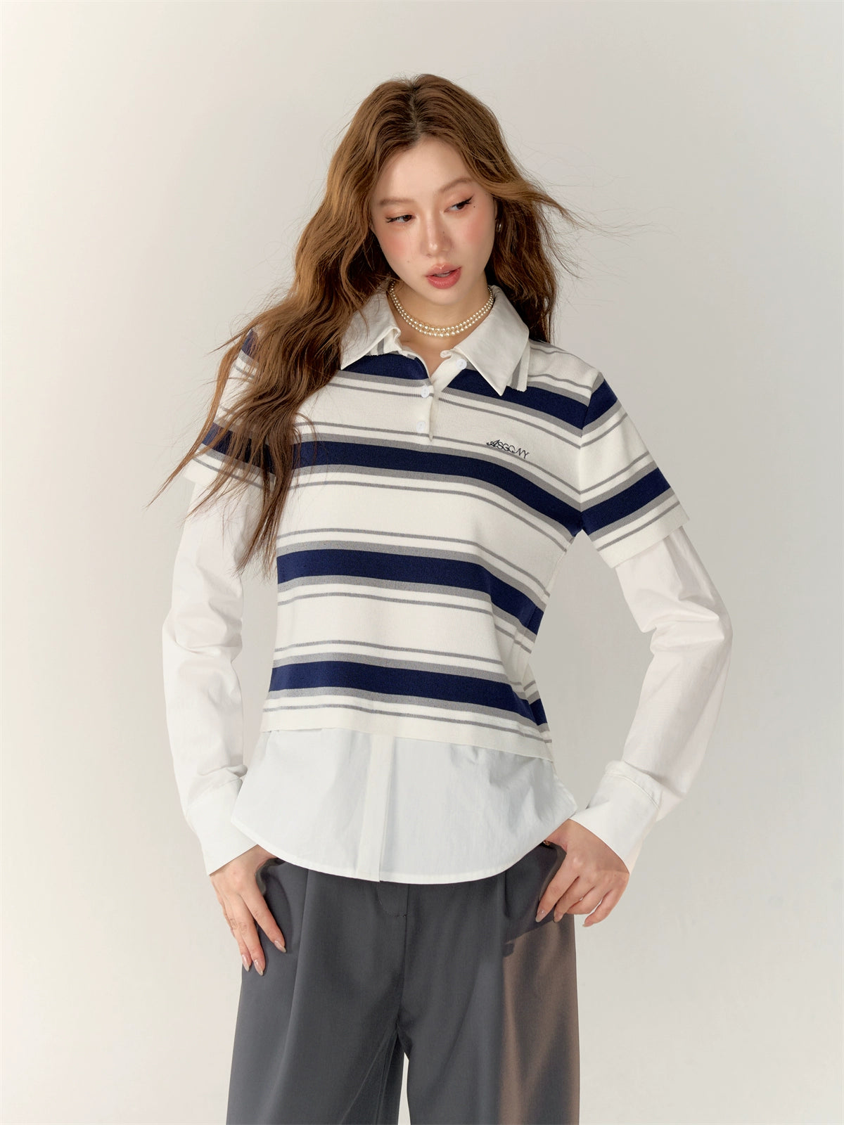 Fake Two-Piece Long Sleeve Polo Shirt