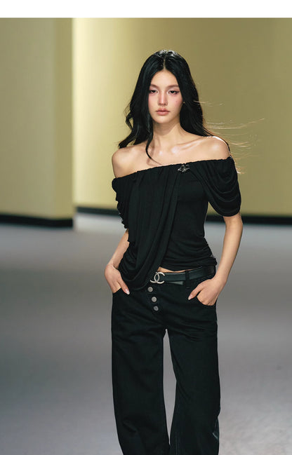 Off-Shoulder Draped Pleated Lyocell Top