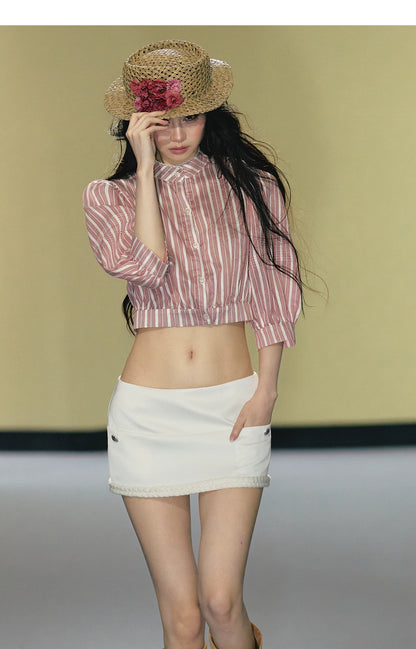 Minimalist Satin Crochet-Trim A-Line Mini Skirt