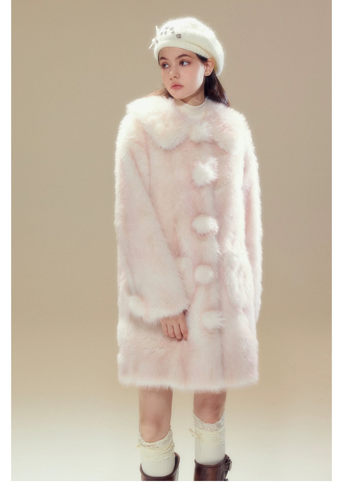 Pink Ombre Doll Collar Long Shearling Coat - CHINASQUAD