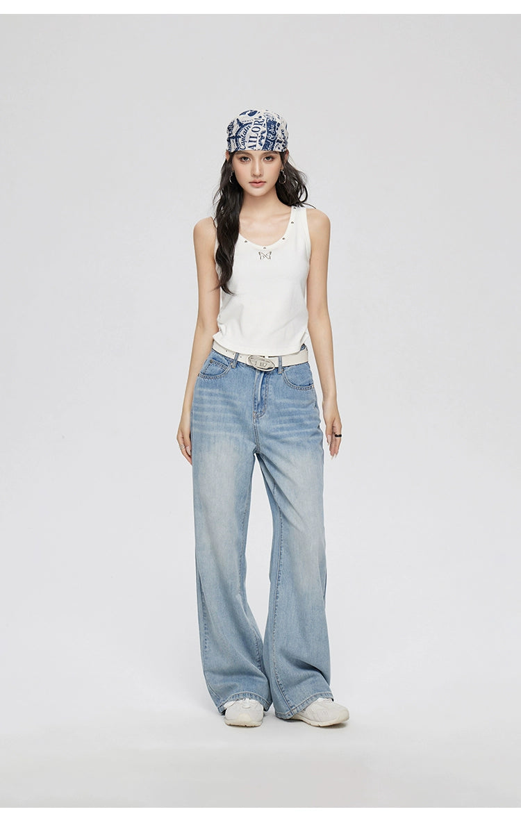 Blue Lyocell Tencel Jeans Wide-Leg Pants