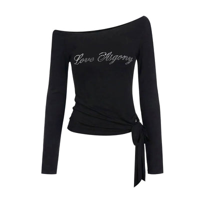 Asymmetric Crystal Logo Tie-Shoulder Fitted Tee
