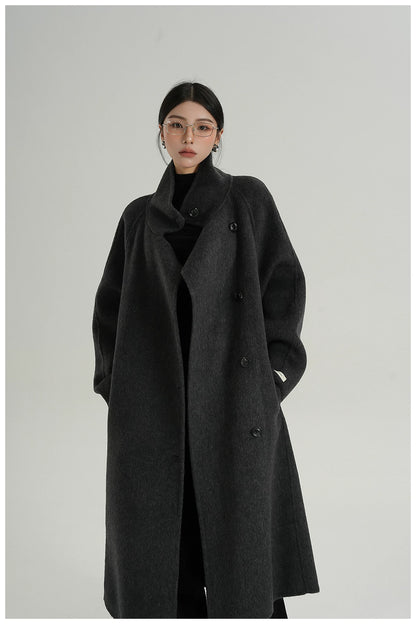 Stand-Collar Long Wool Double-Faced Coat