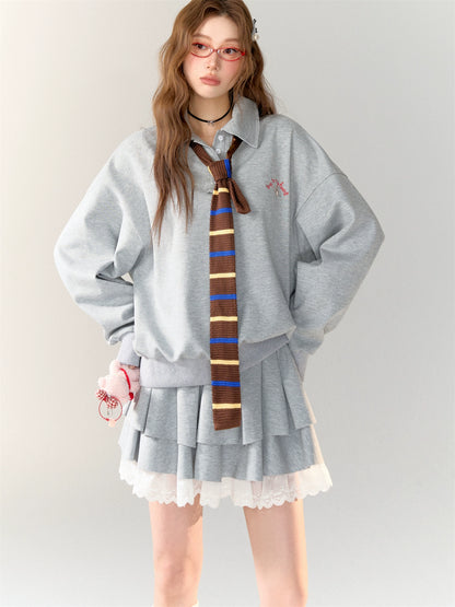 American College Style Polo Collar Sweatshirt &amp; Skirt Set