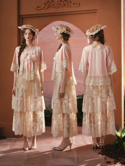 Peach Blossom Fan – French Lace V-Neck Blouse