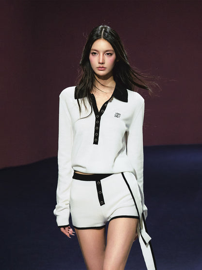 Ribbon Polo Tie-Up Sweater &amp; Shorts Set - CHINASQUAD