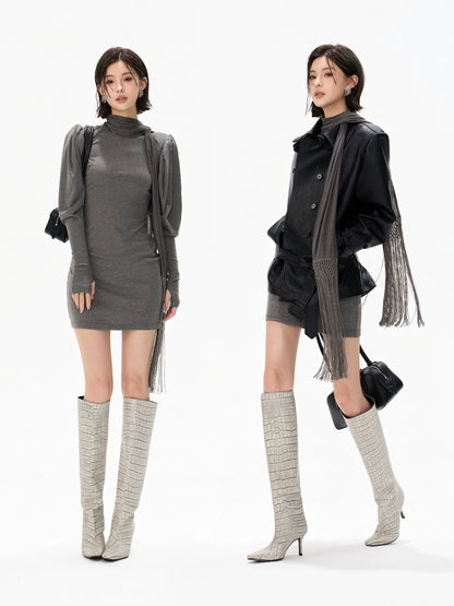 Minimalist Draped Turtleneck Knit Mini Dress with Tassel Ties
