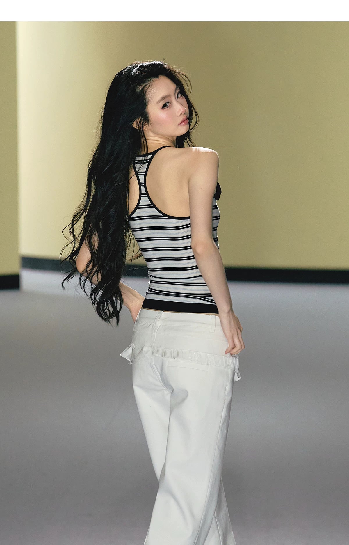 Camellia Contrast-Trim Striped Halterneck Cami