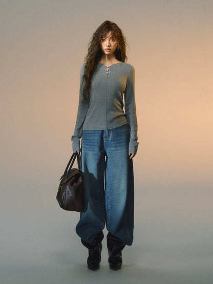 Striped Button-Up Knit Crewneck