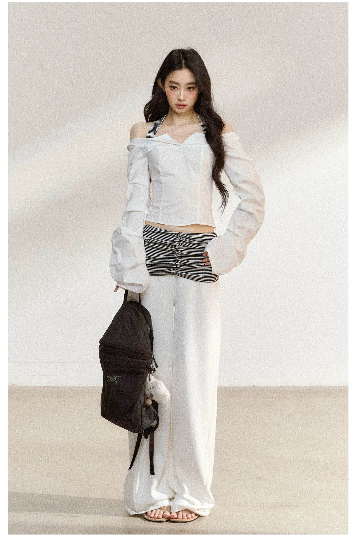 White V-Neck Off-Shoulder Cropped Blouse