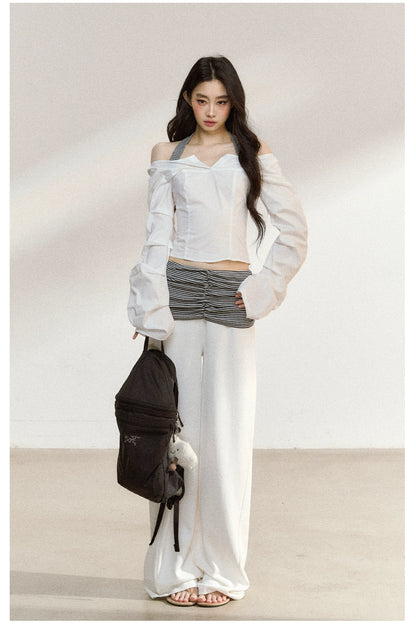 White V-Neck Off-Shoulder Cropped Blouse