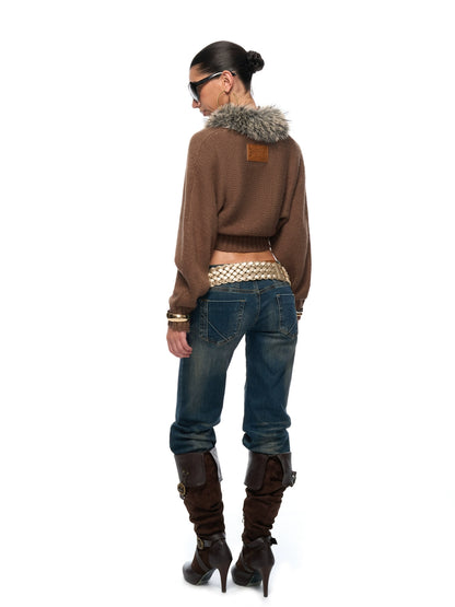 Faux-Fur Collar Cropped Knit Cardigan