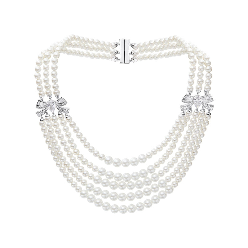 Multi-Layer Pearl Bow Choker Necklace