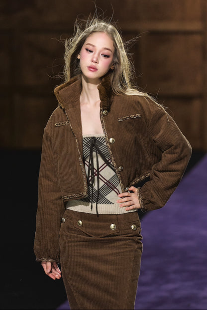Corduroy Fur-Collar Jacket &amp; Skirt Set