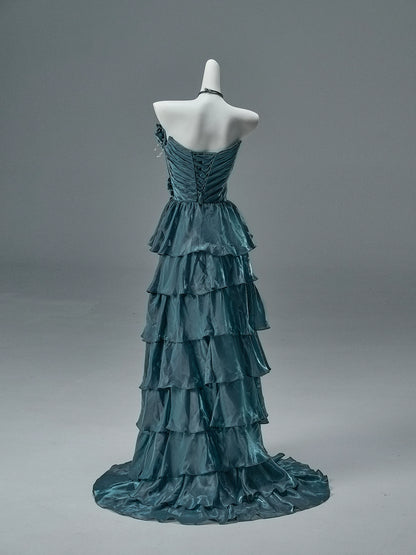 Bengi Midnight Teal Tiered Couture Gown