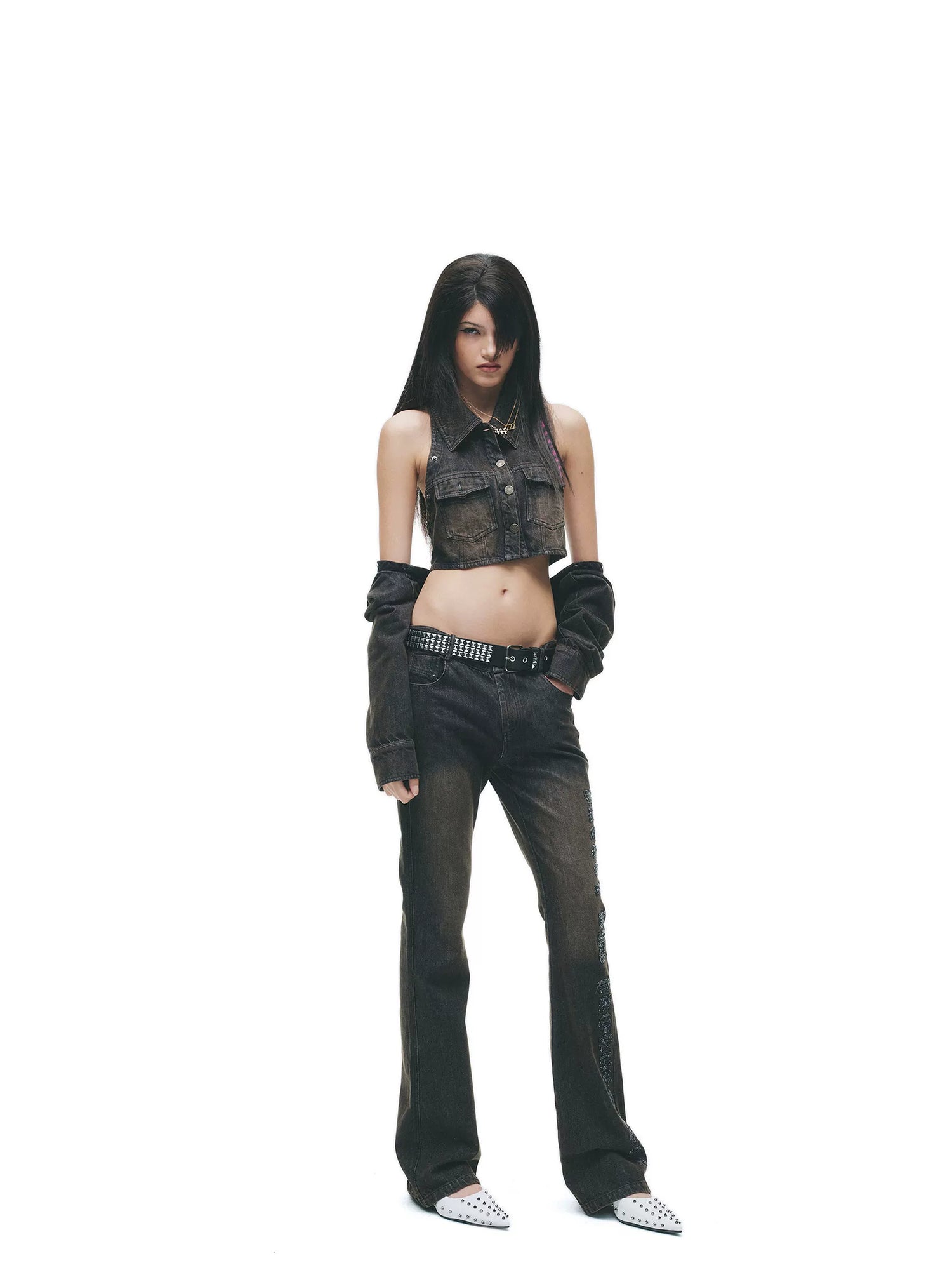 Y2K Washed Denim Cropped Set with Embroidered Patch Detail