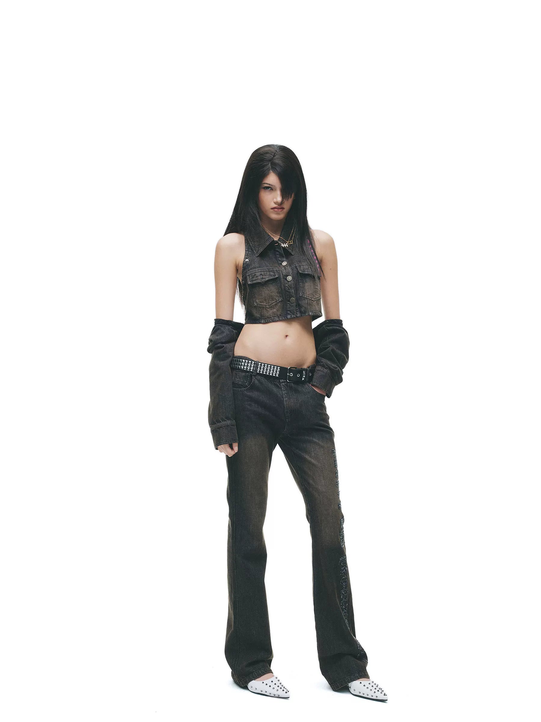 Y2K Washed Denim Cropped Set with Embroidered Patch Detail