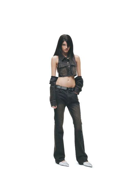 Y2K Washed Denim Cropped Set with Embroidered Patch Detail