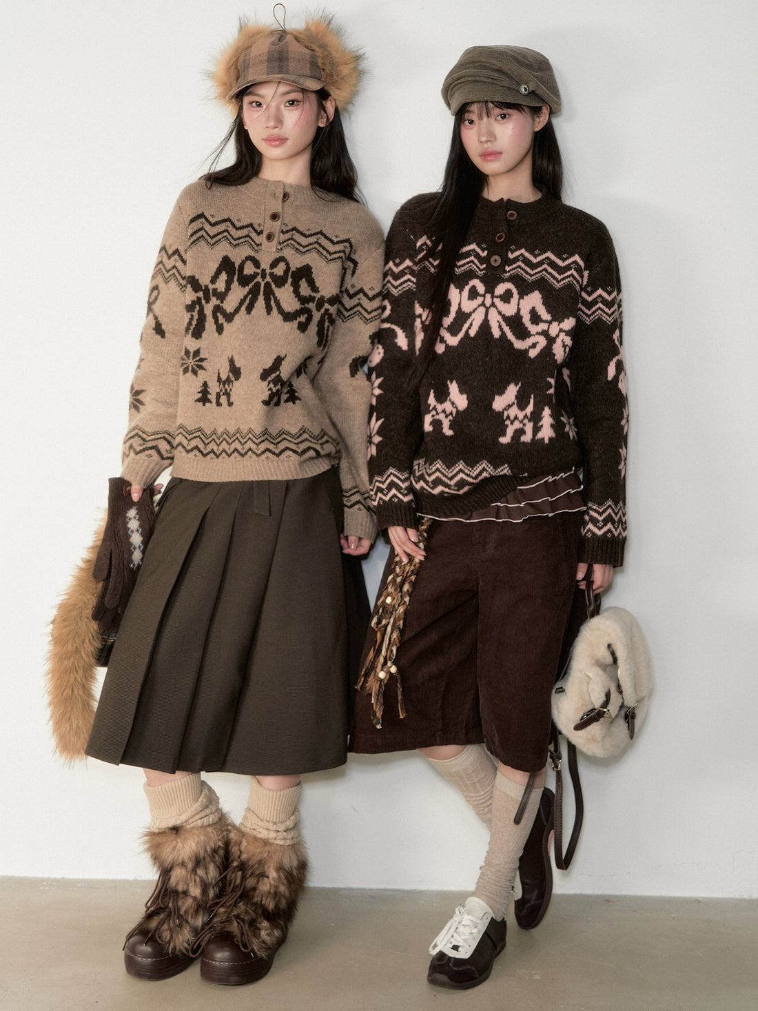 Fair Isle Bow Knit Henley Crewneck